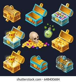 Collection of isolated wooden chests with treasures, gold coins and jewels. Vector illustration