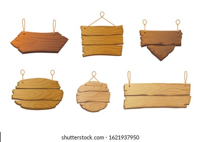 Collection of isolated wooden signboards hanging on rope. Cartoon vintage signs in different shapes and shades. - Vector illustration