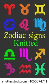 Collection isolated of zodiac signs. Bright colorful knitted astrology symbols for kids. Background with gradient effect for advertising, print, card, textile or wrapping paper. Vector Illustration.