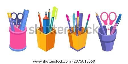 Collection of isometric 3d pencil cups with office and school supplies, realistic stationery holder.

