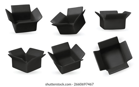 Coleção de caixas abertas pretas isométricas sobre fundo branco. Ideal para entrega, envio, embalagem e visual de loja online.
