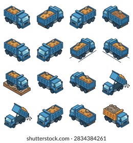 A collection of isometric blue dump trucks carrying heavy loads