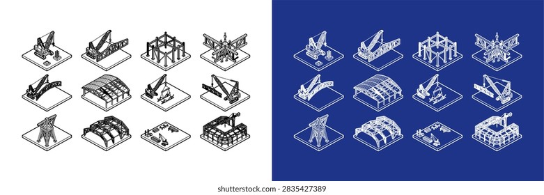 Collection of isometric building and structure icons in white