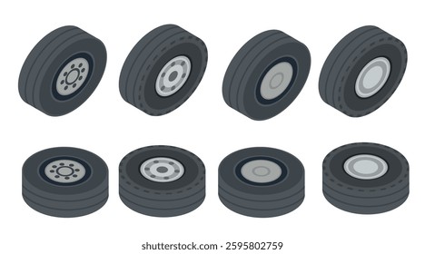 Collection of isometric car wheels. Wheel tires. Black rubber tire, with steel disk. Vector illustration isolated on white background.