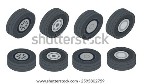 Collection of isometric car wheels. Wheel tires. Black rubber tire, with steel disk. Vector illustration isolated on white background.
