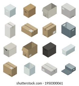 Collection of isometric carboard boxes and containers on white background, delivery and mail concept