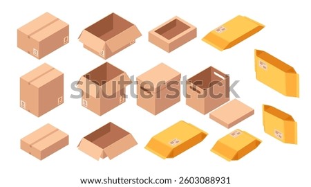Collection of isometric cardboard boxes and packaging. Different sizes of open and closed brown cartons. Yellow kraft paper parcels containers. Vector illustration isolated on white background.