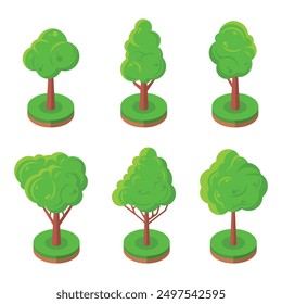 Collection of isometric cartoon trees isolated on white background