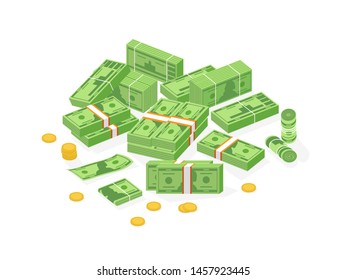 Collection of isometric cash money or currency. Set of Dollar bills or banknotes in packs, rolls and bundles and cent coins isolated on white background. Colorful isometric vector illustration.