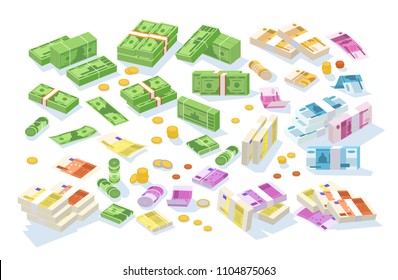 Collection of isometric cash money. Set of various currencies - dollar, euro, ruble bills or banknotes in rolls and bundles and coins isolated on white background. Colorful vector illustration