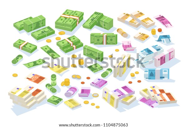 Collection\
of isometric cash money. Set of various currencies - dollar, euro,\
ruble bills or banknotes in rolls and bundles and coins isolated on\
white background. Colorful vector\
illustration