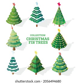 Collection of Isometric Christmas Trees with Garlands, Snow Caps, Flags and Stars. Vector Illustration. Set of 3d Icons Isolated on White. Happy New Year.