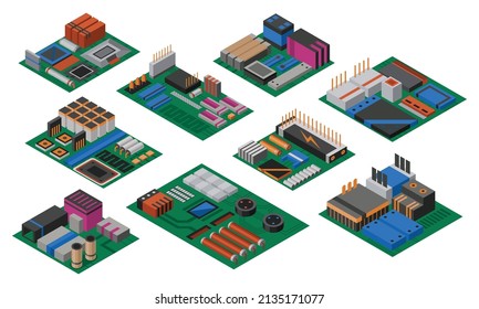 Collection of isometric circuit boards with electronic components. Computer chips technology processor circuit and computer motherboards information system. Collection of technology equipments