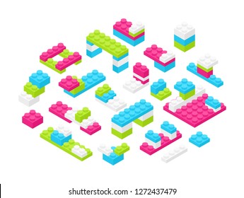 Collection of isometric colorful plastic constructor details or pieces isolated on white background. Interlocking toy bricks or building blocks. Constructing set for children. Vector illustration.