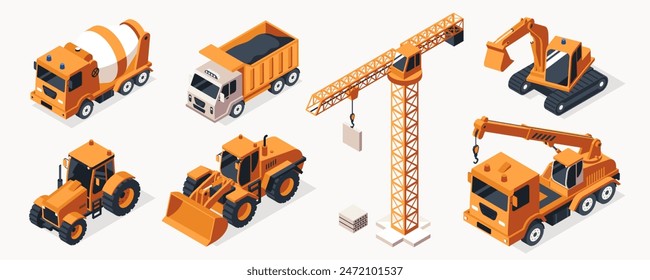 Collection of isometric construction equipment isolated on white. Heavy equipment - tower crane, excavator, bulldozer, tipper, tractor, concrete mixer truck, mobile crane. Vector illustration.