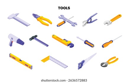 Colección de iconos de herramientas de construcción isométricas para proyectos de bricolaje