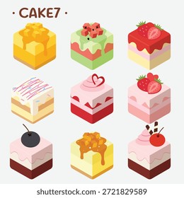 Collection of Isometric Cube Cake Icons Featuring Assorted Fruit Flavors and Layered Gourmet Dessert Illustrations for Bakery Menu Design