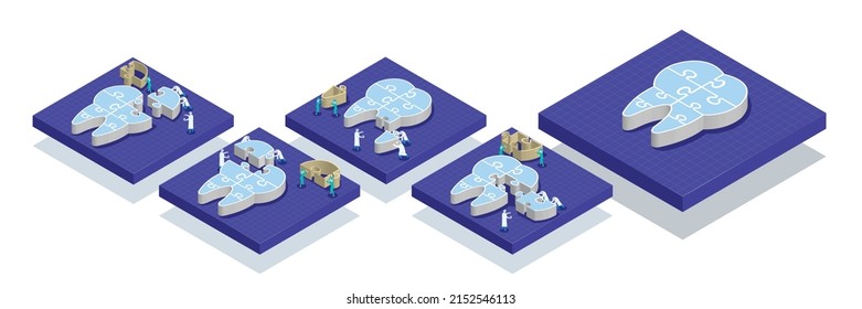 Collection of Isometric dentists push jigsaw tooth from start to complete,Dental banner