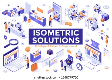 Collection of isometric design elements isolated on white background - robotics and intelligent retail, automated order fulfillment, internet shopping, online store. Creative vector illustration.