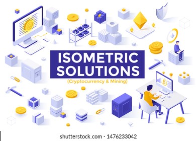 Collection of isometric design elements isolated on white background - blockchain system or technology, software and hardware for cryptocurrency mining, datacenter. Modern vector illustration.