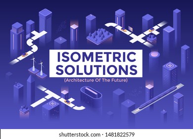 Collection of isometric design elements or objects - glowing buildings and skyscrapers of futuristic megalopolis at night, architecture of the future, smart city. Isometric vector illustration.
