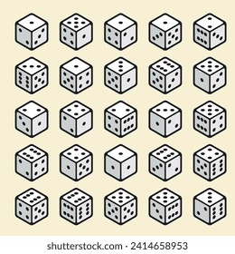 Colección de dados isométricos en diferentes posiciones. Dice en un sencillo estilo moderno