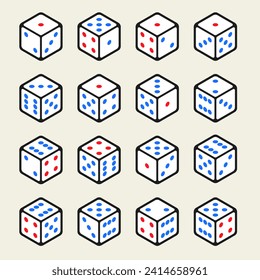 Colección de dados isométricos en diferentes posiciones. Dice en un sencillo estilo moderno