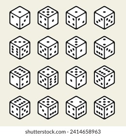 Collection of isometric dice in different positions. Dice in a simple modern style