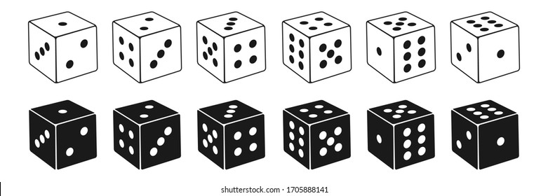 collection of isometric dice icons in thin line style and silhouette, vector Illustration