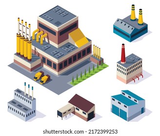 Collection of isometric factories. Concept of industrial working plants with chimney tower or pipes. Industrial buldings. 3d isolated icons set. Architecture of manufactures house