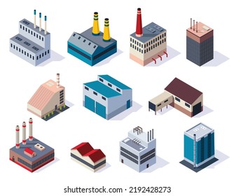 Collection of isometric factories. Concept of industrial working plants with chimney tower or pipes. Industrial buldings. 3d isolated icons set. Architecture of manufactures house