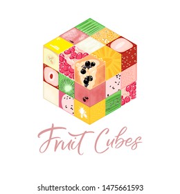 Collection of Isometric frut cubes on white background. Colorful vector food illustration for healthy food cafe, restaurant, fruits and grocery market
