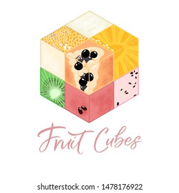 Collection of Isometric frut cubes on white background. Colorful vector food illustration for healthy food cafe, restaurant, fruits and grocery market