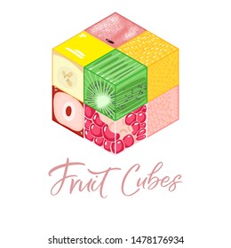 Collection of Isometric frut cubes on white background. Colorful vector food illustration for healthy food cafe, restaurant, fruits and grocery market