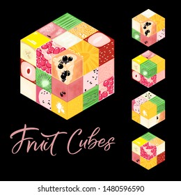 Collection of Isometric frut cubes on black background. Colorful vector food illustration for healthy food cafe, restaurant, fruits and grocery market