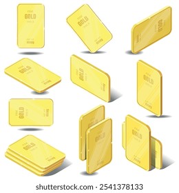 A collection of isometric gold bars arranged on a white background