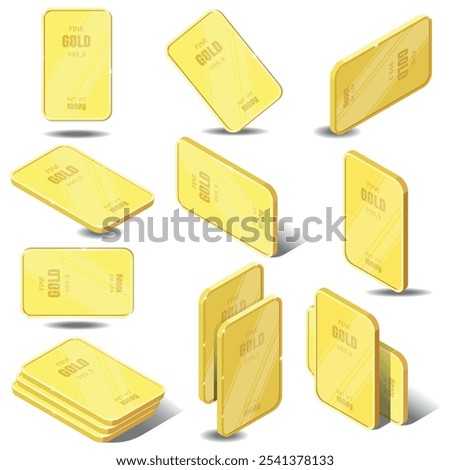 A collection of isometric gold bars arranged on a white background