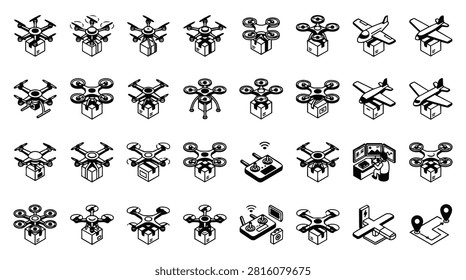 A collection of isometric icons depicting drones and airplanes involved in package delivery. Includes various drone models, remote controls, and delivery scenarios.