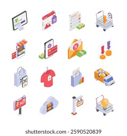 A collection of isometric icons depicting various aspects of ecommerce and retail business.