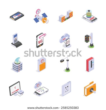 A collection of isometric icons depicting various modern technologies and connectivity devices.