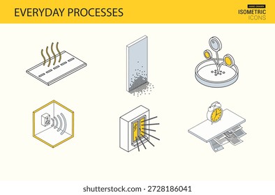 A collection of isometric icons representing common daily routines and household tasks.