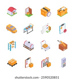 A collection of isometric icons, representing different aspects of logistics and supply chain management.