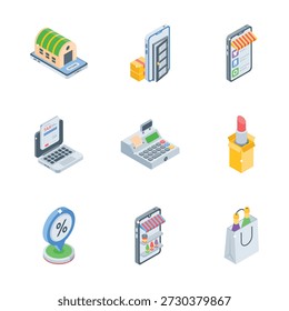 Collection of isometric icons representing ecommerce, online shopping, and retail business concepts.