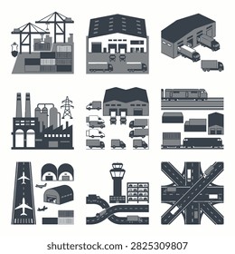 Collection of isometric icons representing industrial logistics and transportation elements like factories, warehouses, cranes, trucks, trains, and airports.