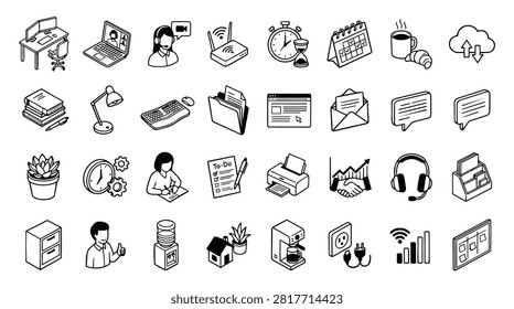 A collection of isometric icons representing office and business elements. Includes desk, laptop, headset, router, timer, calendar, coffee, cloud, books, lamp, keyboard, folder, web page, envelope, chat bubbles, printer, handshake, headphones, brochure holder, plant, clock, person writing, to-do list, filing cabinet, man, water cooler, house, coffee maker, power outlet, wifi signal, and whiteboard.