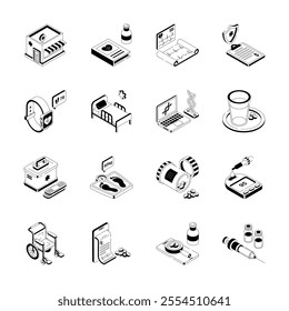 A collection of isometric icons representing various aspects of healthcare