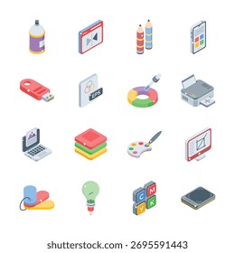 A collection of isometric icons representing various design and graphic tools.
