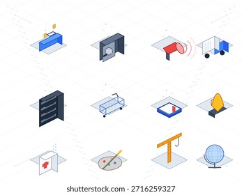 Una colección de íconos isométricos que representan varios conceptos comerciales y tecnológicos, conectados por líneas discontinuas sobre un fondo de cuadrícula. Los íconos incluyen un escritorio, rack de servidor, Carrito de compras, megáfono y globo terráqueo.