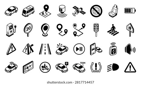 A collection of isometric icons representing various aspects of transportation and technology, including cars, navigation, traffic signals, and smart features.