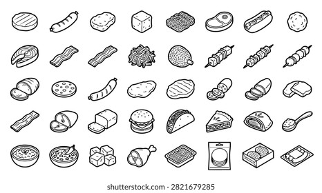 A collection of isometric icons representing various food items including meat fish vegetables and prepared dishes